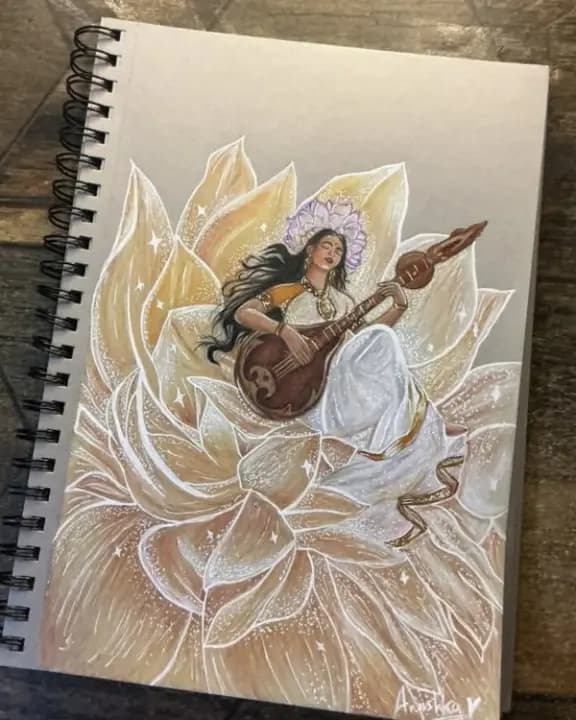 Handmade Goddess Saraswati Diwali art sketch