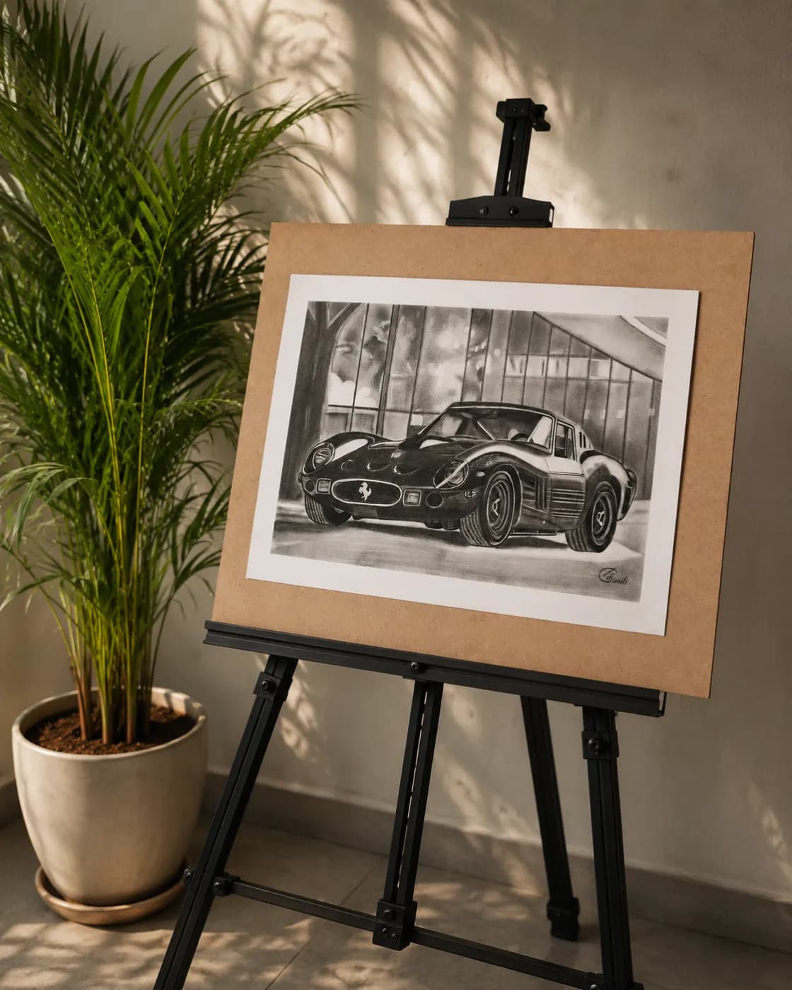 Handmade charcoal car sketch, photo 1 of 3
