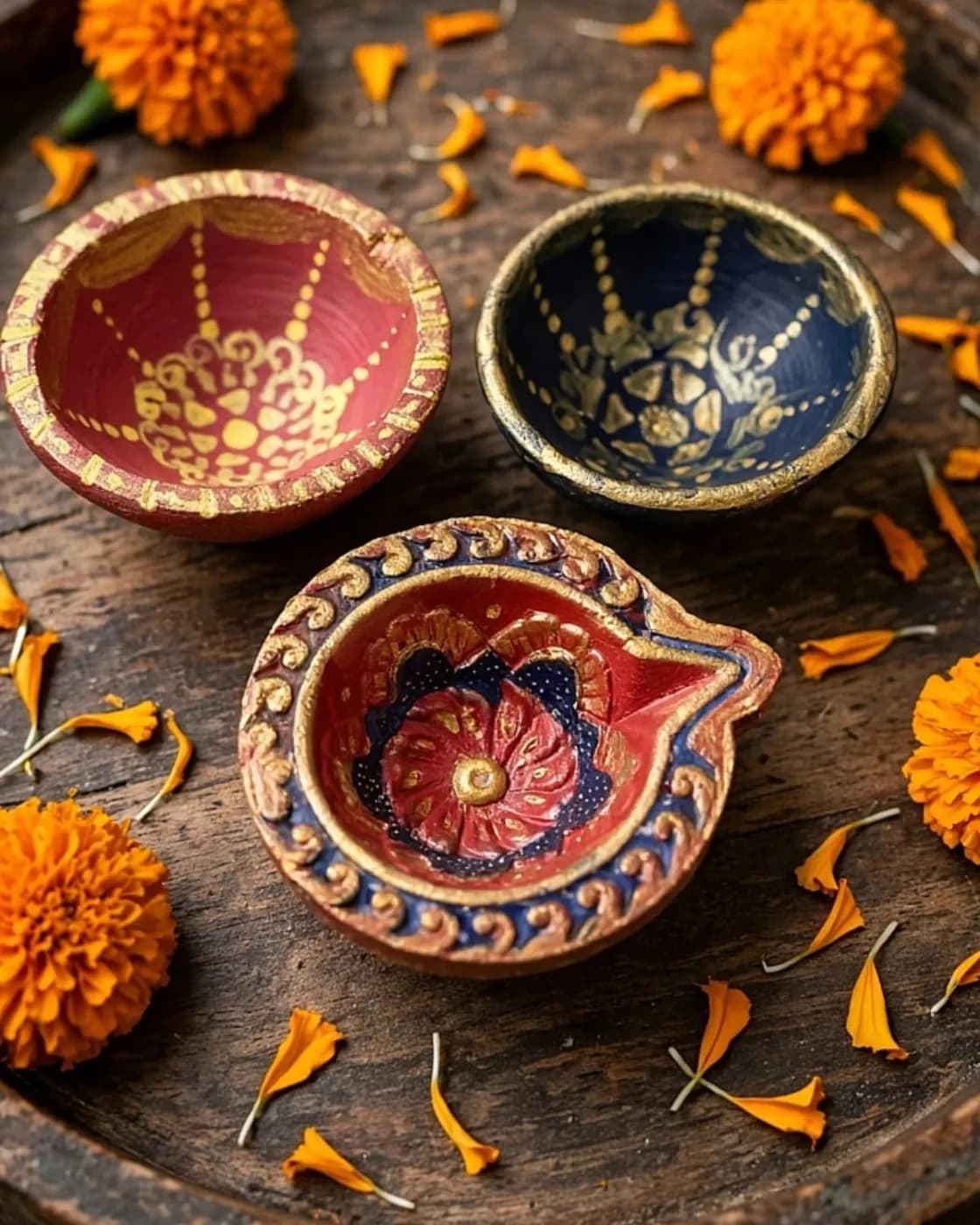 Set of 3 Hand-Painted Terracotta Diyas for Pooja, photo 1 of 2