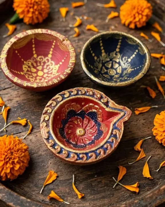 Set of 3 Hand-Painted Terracotta Diyas for Pooja
