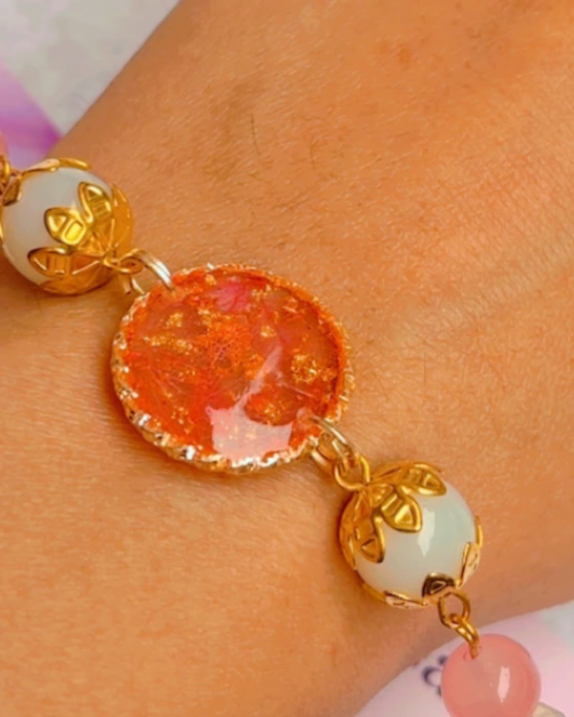 Resin real floral bracelet in pink and orange, photo 3 of 5