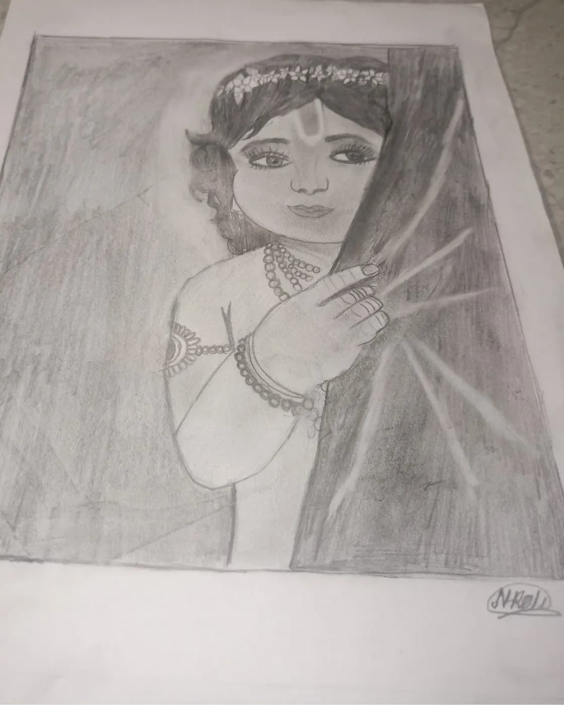 "bal Krishna pencil sketch- Handmade , original., photo 2 of 3
