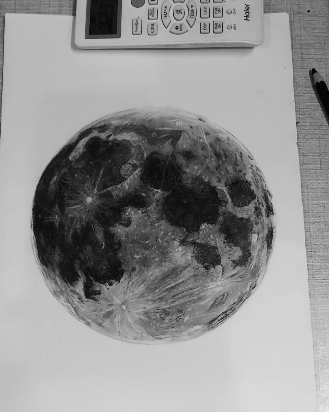 Realistic Charcoal Moon Drawing with Frame, photo 2 of 2