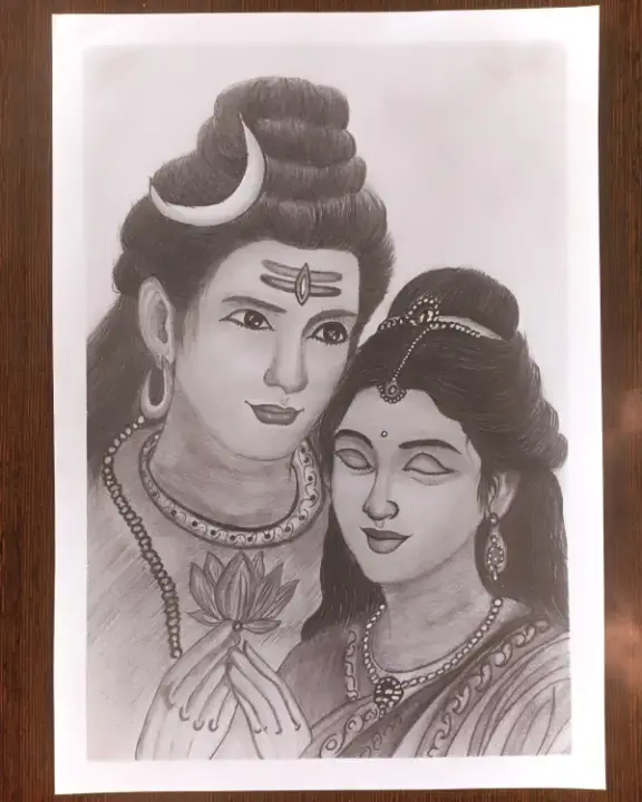 Shiv Parvati Charcoal Pencil Sketch Art