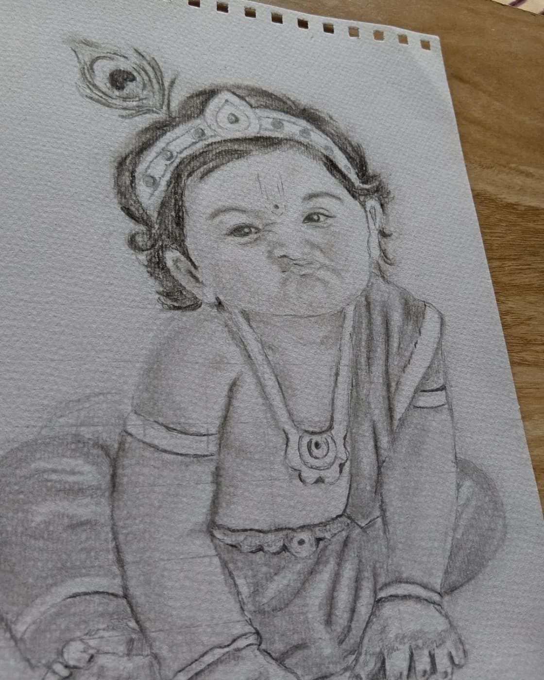 Handmade Little Krishna Pencil Sketch, photo 2 of 2