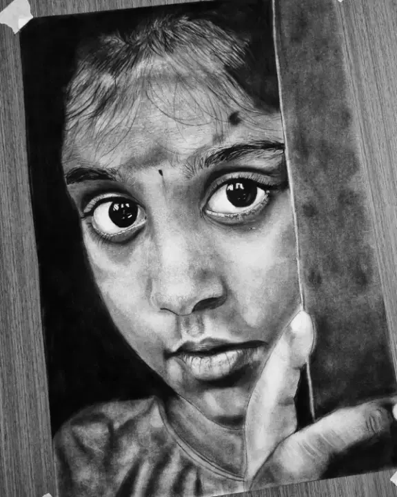 Innocence hyperrealistic charcoal pencil portrait