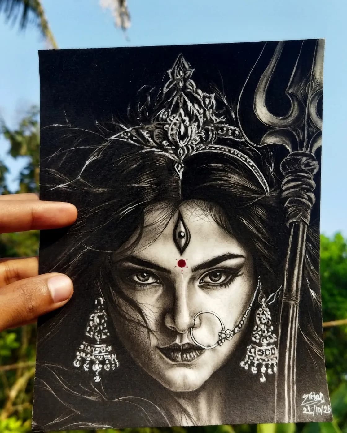 Divine Maa Kali Portrait – Handmade Charcoal Pencil Artwork, photo 1 of 1