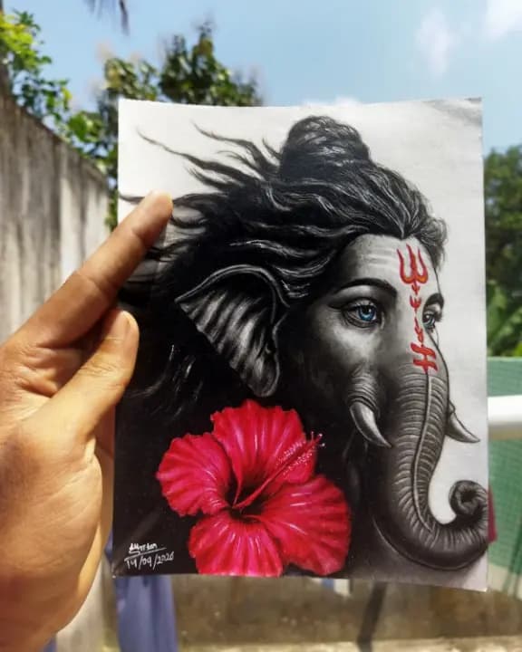Divine Shri Ganesha Portrait – Handmade Charcoal & Color Artwork