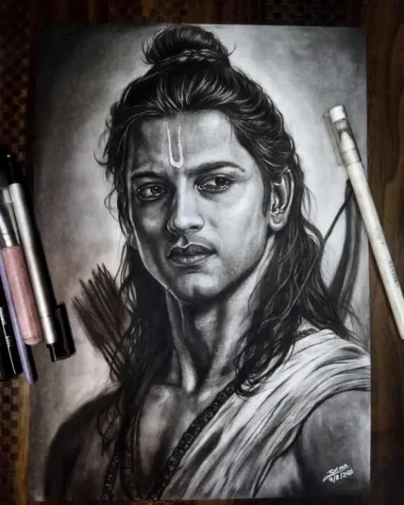 Realistic Lord Shree Ram Charcoal Portrait | Handmade A4 Artwork for Sale